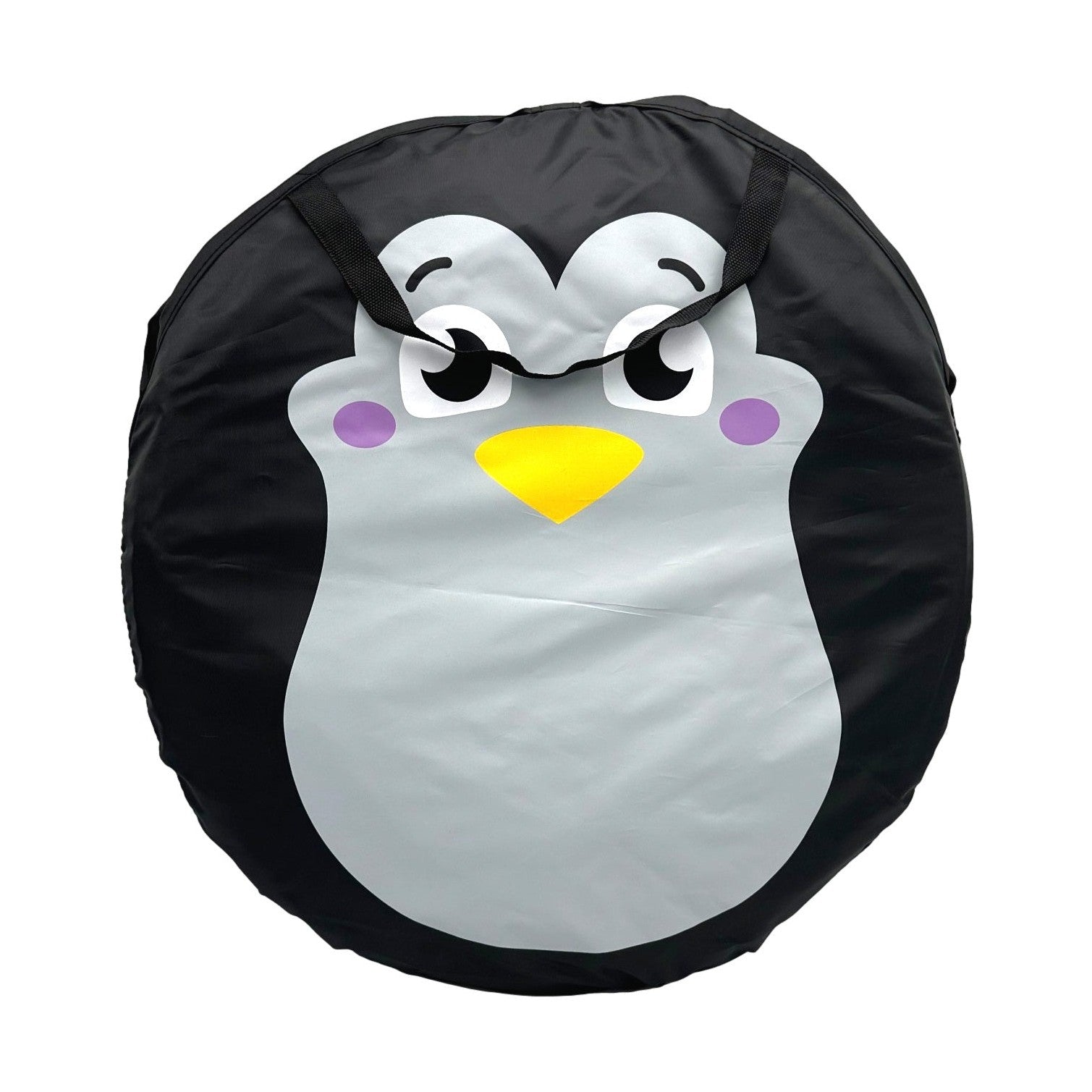 Round black storage bag with a penguin design.